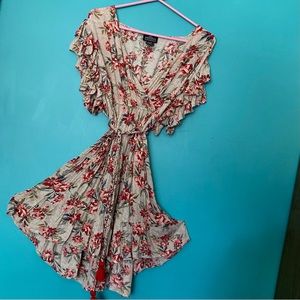 ANGIE Fit Flare Floral Ruffle Sleeve Belted Waist V Neck Mini Dress L